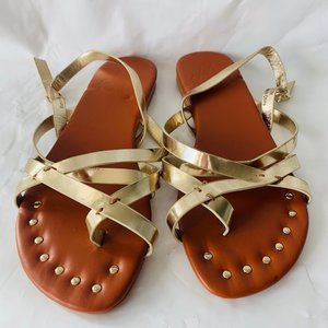 CWC Gold Strap Gold Stud Ankle Strap Flat Sandals